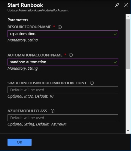 azure sandbox subscription start update automation modules input parameters